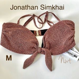 Jonathan Simkhai brown metallic copper bikini top shimmer bow 2 way wear NWT M